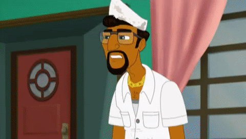 GIF from the adult animated series The Dating Guy episode "The Incredible Shrinking Woody." Three shrunken men are held in a dollhouse by the female scientist who shrank them and uses them as sex toys.