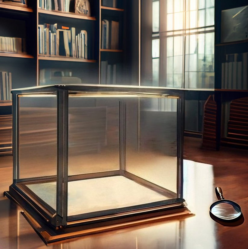 An empty glass box and a magnifying glass atop a table inside a study.