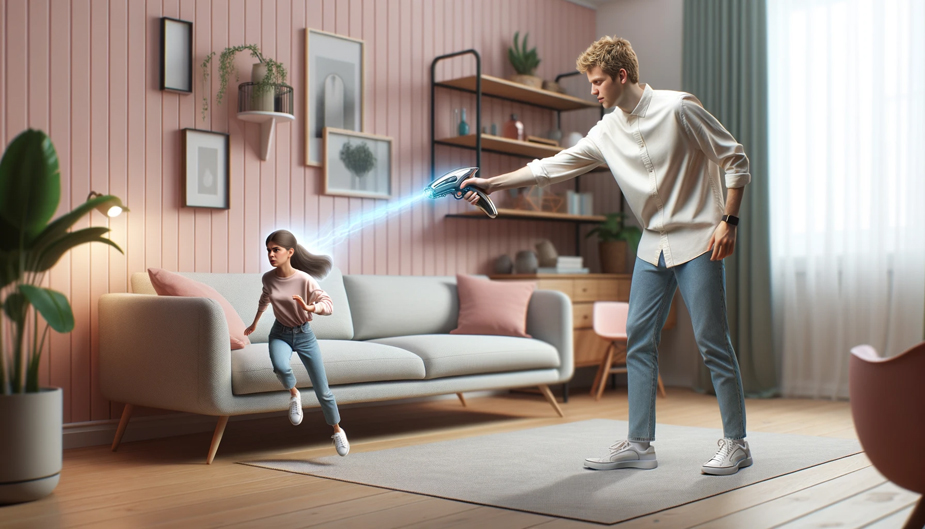 Young man in living room firing a shrink ray at a fleeing young woman who has already shrunk to a height of three feet.